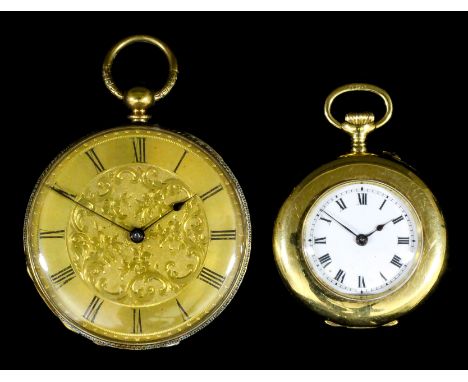 A late 19th Century lady's 18k gold pocket watch, the gilt dial with Roman numerals and with engraved centre, contained in 18