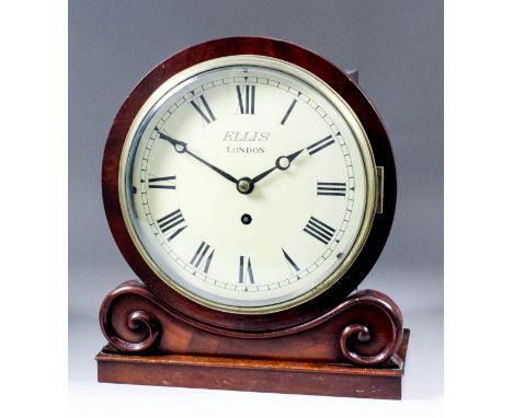 A 19th Century mahogany cased shelf timepiece by Ellis of London, the 8ins diameter painted metal dial with Roman numerals, t