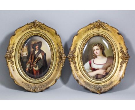 A late 19th Century Berlin porcelain oval plaque enamelled in colours with a shoulder-length portrait of a young woman with f