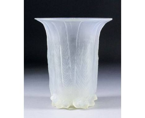 A Lalique clear, frosted and opalescent glass vase, of "Eucalyptus" design (No. 936), 6.5ins high, moulded "R. Lalique", whee