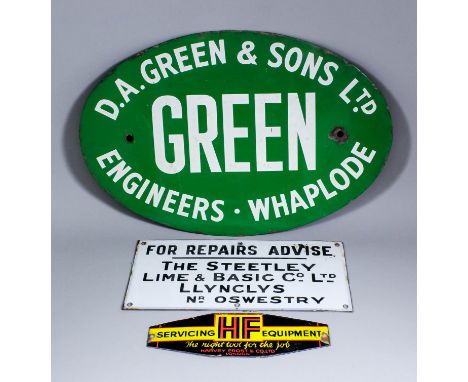 Three early 20th Century enamel advertising signs - "D.A. Green & Sons Ltd Engineers. Whaplode", with white lettering on a gr