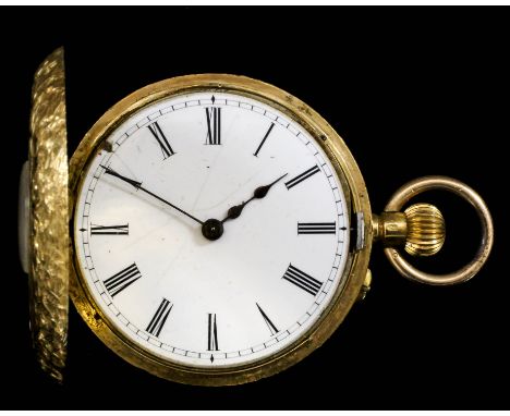 A late 19th Century lady's 18k gold half hunting cased keyless lever pocket watch, No. 98041, the white enamel dial with Roma