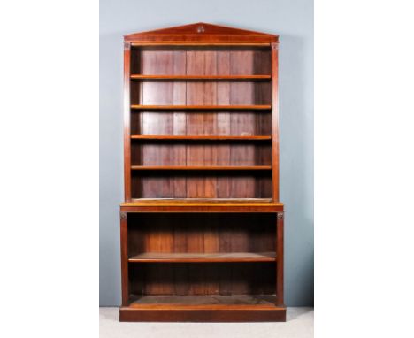 An Edward VII mahogany two tier open front bookcase (made for a Royal residence or Government building), the whole of archite