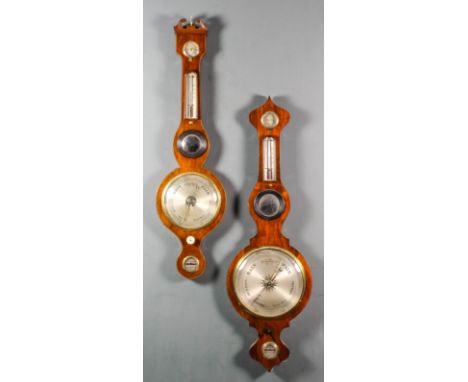 A 19th Century rosewood cased wheel barometer and thermometer by Oxbrow of Canterbury, the 10ins diameter silvered dial with 
