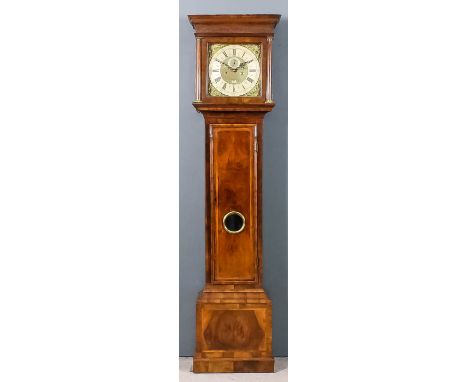 An 18th Century walnut longcase clock with later movement, the 12ins square brass dial with wide silvered chapter ring with R