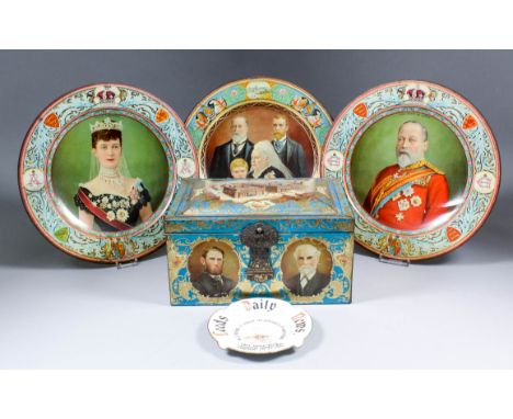 A pair of early 20th Century colour printed tin trays with half-length portraits of King Edward VII and Queen Alexandra, anot