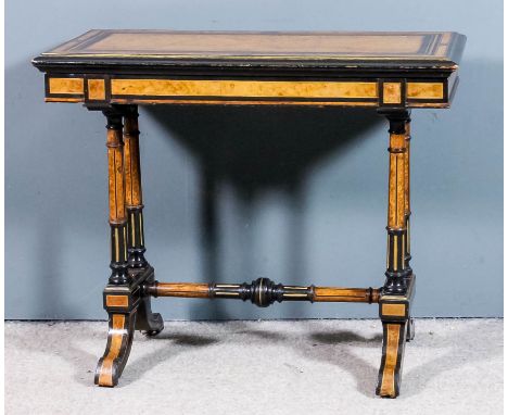 A late Victorian burr walnut and ebonised rectangular card table, the whole inlaid with bandings, with baize lined folding to