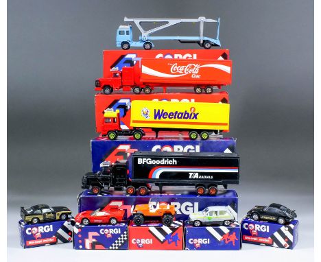 A collection of thirty-five Corgi diecast model cars, including - Volvo container truck, Model No. 53348, and a Zakspeed Capr