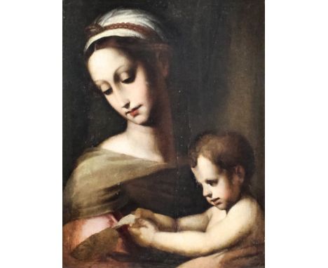 19th Century Continental school - Oil painting - Shoulder-length portrait of a young woman and child, canvas 18.25ins x 13.5i