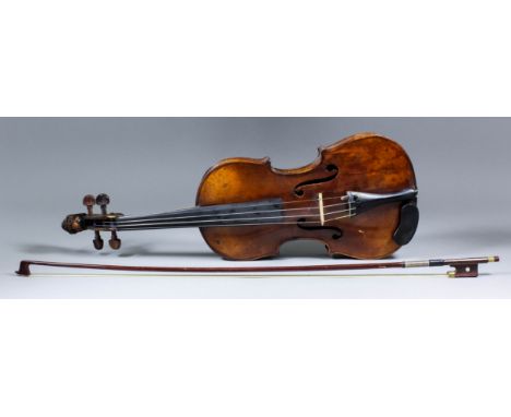 An interesting 19th Century full sized violin with two piece back, back measurement (excluding button) 14.25ins - 23.5ins ove