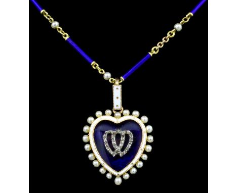 A late 19th Century gold coloured metal seed pearl, rose diamond, and enamel set heart pattern pendant,  with two diamond set