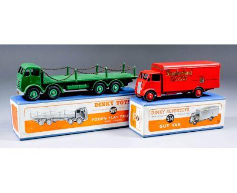 A Dinky Toys diecast model "Foden Flat Truck with chains", No. 505, and a Dinky Supertoys model "Guy Van", No. 514, in red wi