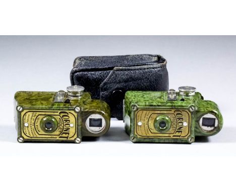 Two Coronet Midget 16mm cameras by The Coronet Camera Co., Birmingham, in green mottled Bakelite cases, and leather case for 