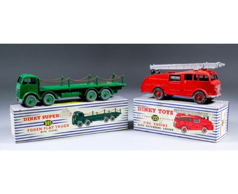 A Dinky Supertoys model No.905 "Foden" flat truck (in good condition), with box, a Dinky Toys model 555 fire engine (in fair 