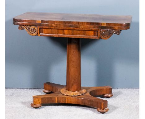 A William IV rosewood rectangular card table with rounded front corners, plain baize lined folding top, rectangular panel to 