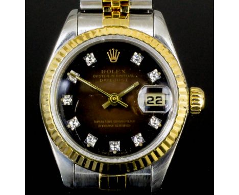 A modern lady's bi-metal Rolex Oyster Perpetual Date just Superlative Chronometer wristwatch, No. 62523D-18, the brown dial w