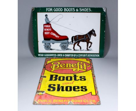 An early 20th Century enamel advertising sign - "Public Benefit Boot Company", with a horse pulling a cart surmounted by a re