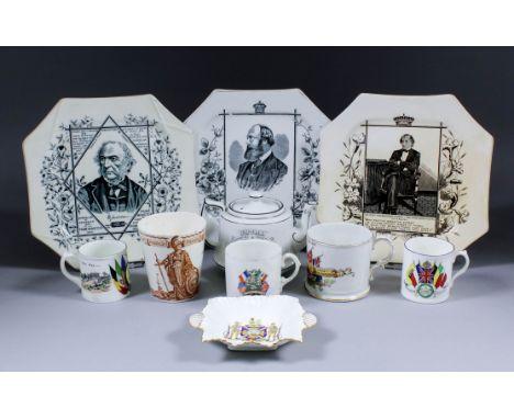 A collection of late 19th/early 20th Century British ceramics of commemorative interest, including - three octagonal pottery 