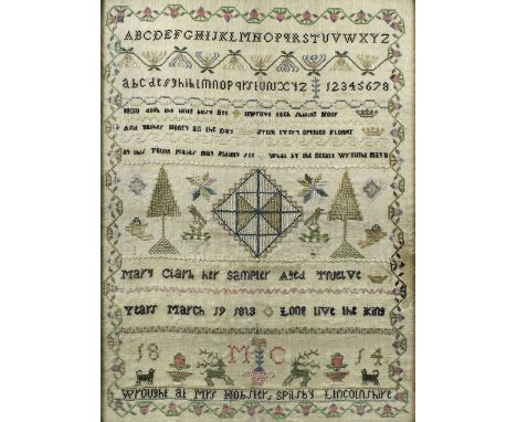 A late George III sampler worked in coloured silks by Mary Clark "Her Sampler, Age 12 Years, March 1813. Long Live the King" 