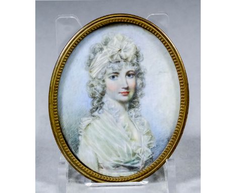 Style of George Englehart (1752 - 1829) - Miniature painting - Shoulder length portrait of a young woman wearing a white dres