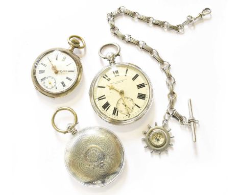 Two Silver Pocket Watches, Another Pocket Watch, with case stamped 0.800, and A Continental White Metal Watch Chain with Atta