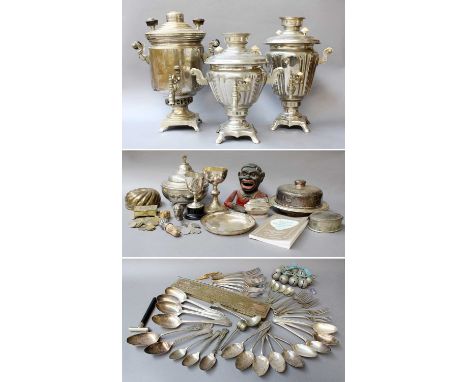 A Collection of Metal Wares, including three tea urns, a group of plated flatware engraved with a crest, a snuff box, a silve