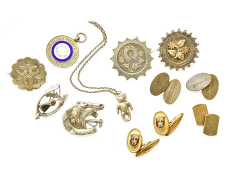 A Quantity of Jewellery, including five pairs of silver cufflinks, five silver brooches, silver teddy bear, fob and enamel cu