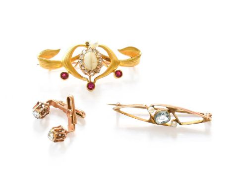 A Pair of Diamond Studs; An Opal, Diamond, Synthetic Ruby and Cultured Pearl Scroll Brooch, stamped '585', length 3.8cm (a.f.