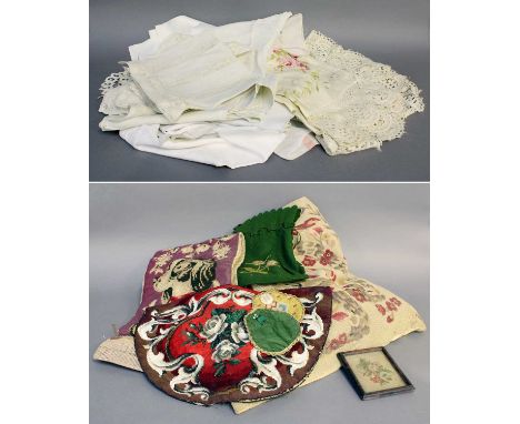 Assorted 19th Century and Later Lace and Embroidery, comprising three small petit point embroideries, petit point and tapestr