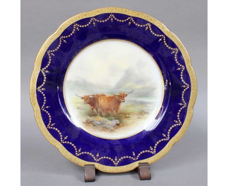 A Royal Worcester Lobed Plate By John Stinton, painted with highland cattle under a wide blue and gilt border, signed with pr