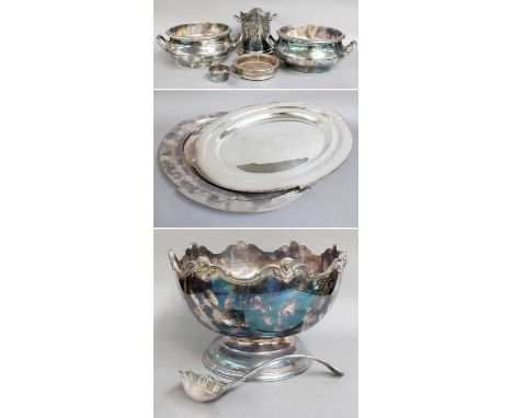 Silver Plate, to include: Punch Bowl and Ladle, Bottle Coaster, Two Large Oval Platters, cast with the letter C, for Claridge