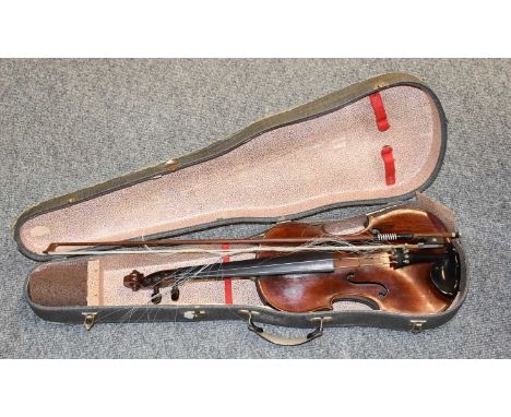 A Violin, with one piece back, in case with bowLength (excluding button) - 35.75cm