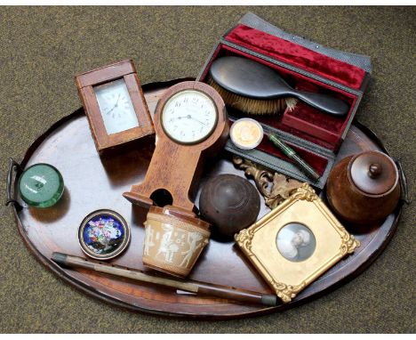 An Edwardian Inlaid Mahogany Serving Tray, together with assorted items including A Brass Carriage Timepiece, in travelling c