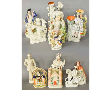 A Collection of 19th Century Staffordshire Flatback Figures, and other models, including the lute player, Highlanders, spill 