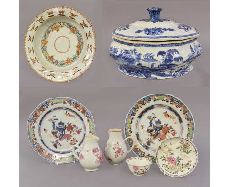 A Collection of 18th Century Chinese Porcelain, to include: a pair of sparrowbeak jugs, a large basin, 40cm diamater, a pair 