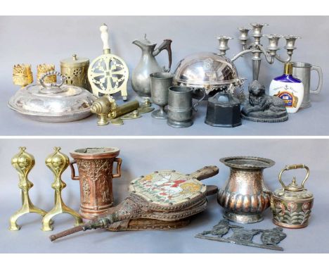 A Collection of Various 19th Century and Later Metalwares, including pewter tankards, a large pewter tyg, silver plated entre