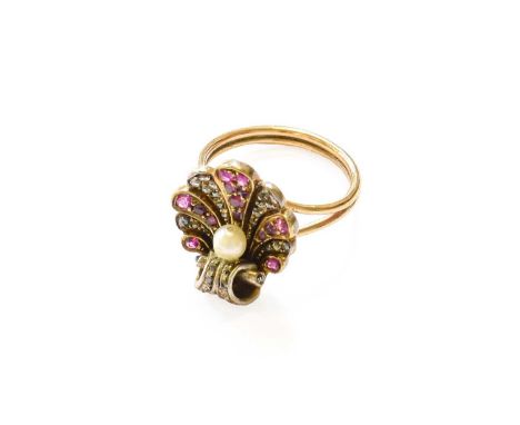 A Synthetic Ruby, Diamond and Pearl Ring, realistically modelled as a shell, set throughout with old cut synthetic rubies and