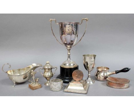 Silver Items, to include: a Victorian brandy warmer, London 1896, an Edward VII table lighter in the form of a twin handled u