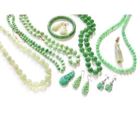 A Quantity of Jade and Imitation Jade Jewellery, including beaded necklaces, pendants, earrings, a bangle etcIn good overall 
