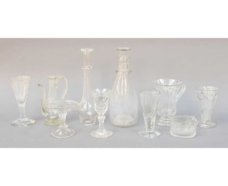 18th Century Glass including A Patch Stand, Toddy Lifter, Custard Cup, Four Glasses, A Ewer and A Decanter (one tray)Toddy Li