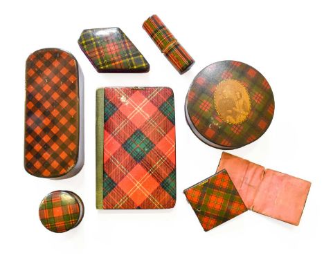 A Small Group of Tartan Ware: snuff box, aide memoire, needlecase, stamp case, pin cushion and another boxA little wear to th