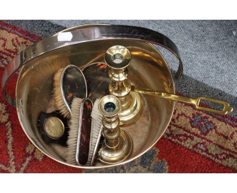 A Group of Metal Wares, including: silver and tortoiseshell backed dressing table items, brass candlesticks, brass jam pan, c