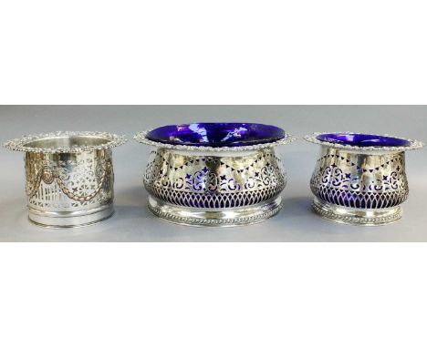 A Large Edwardian Silver Plated Dish Ring, with scrolling border and pierced decoration, 26cm diameter, A Matching Smaller Ex