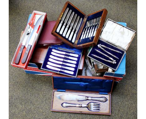 A Quantity of Silver Plated Flatware, mostly cased, including: A Set of Fruit Knives and Forks with mother of pearl handles a