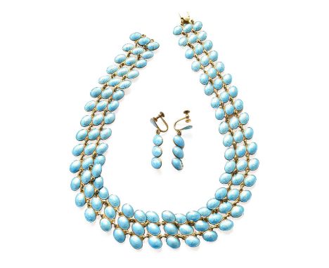 A Blue Enamel Necklace and Matching Drop Earrings, earrings with screw fittings, necklace length 40.5cm, earring drop length 