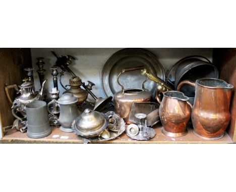 A Collection of 19th Century and Later Metalwares, including a pewter charger, silver plated candlesticks, a chamberstick and