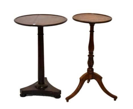 19th Century oak tripod wine table, 33.5cm diameter x 78cm high, together another mahogany, 48cm diameter x 75cm high