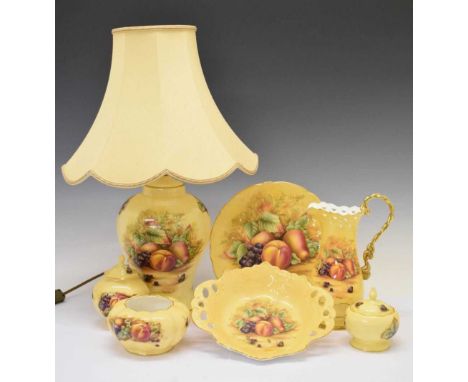 Aynsley Orchard Gold items to include; table lamp (54cm high), lidded pot, limited edition Crown Vase 1998 with certificate, 