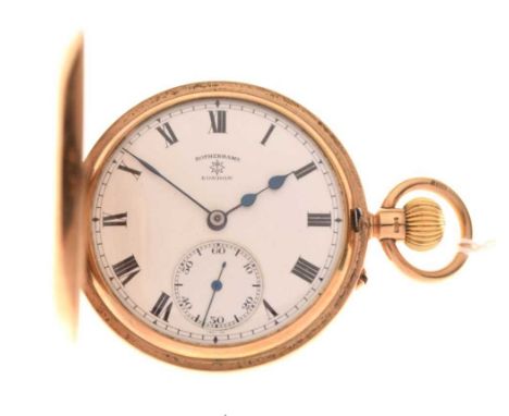 George VI 9ct gold half hunter cased pocket watch, Rotherhams, London, signed Roman dial with subsidiary at VI, signed top-wo