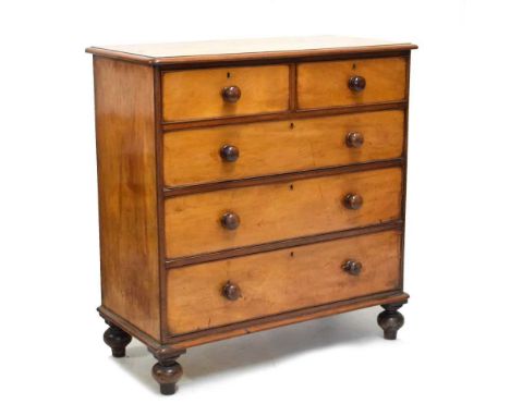 Victorian mahogany chest of two short and three long drawers on bun feet, 110cm x 53cm x 117cm high